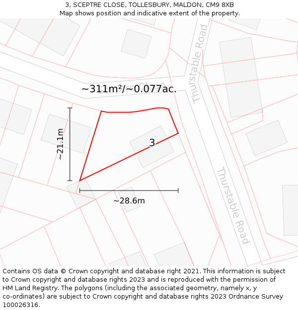 3, SCEPTRE CLOSE, TOLLESBURY, MALDON, CM9 8XB: Plot and title map