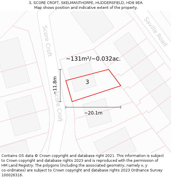 3, SCORE CROFT, SKELMANTHORPE, HUDDERSFIELD, HD8 9EA: Plot and title map