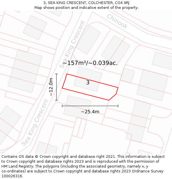 3, SEA KING CRESCENT, COLCHESTER, CO4 9RJ: Plot and title map