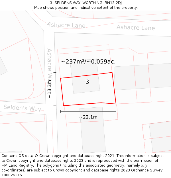 3, SELDENS WAY, WORTHING, BN13 2DJ: Plot and title map