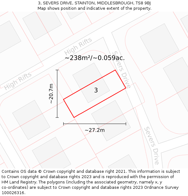 3, SEVERS DRIVE, STAINTON, MIDDLESBROUGH, TS8 9BJ: Plot and title map