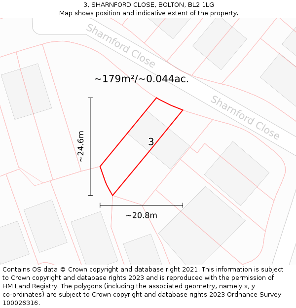 3, SHARNFORD CLOSE, BOLTON, BL2 1LG: Plot and title map