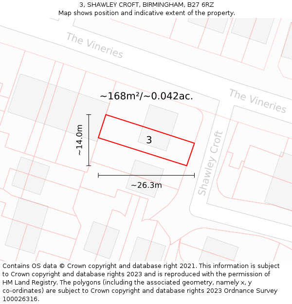 3, SHAWLEY CROFT, BIRMINGHAM, B27 6RZ: Plot and title map