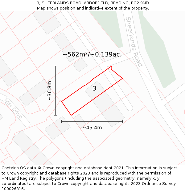 3, SHEERLANDS ROAD, ARBORFIELD, READING, RG2 9ND: Plot and title map