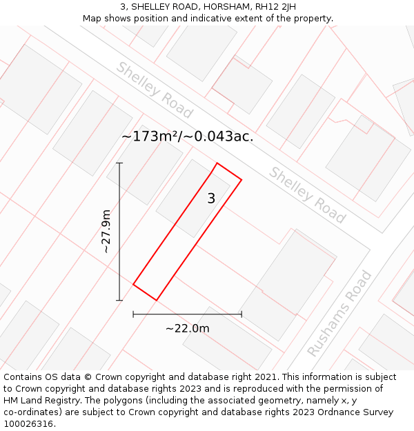 3, SHELLEY ROAD, HORSHAM, RH12 2JH: Plot and title map