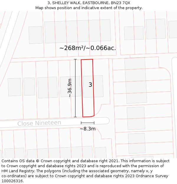 3, SHELLEY WALK, EASTBOURNE, BN23 7QX: Plot and title map