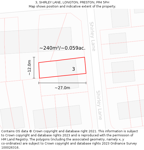 3, SHIRLEY LANE, LONGTON, PRESTON, PR4 5PH: Plot and title map