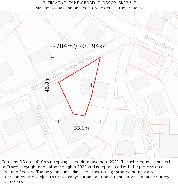 3, SIMMONDLEY NEW ROAD, GLOSSOP, SK13 6LP: Plot and title map