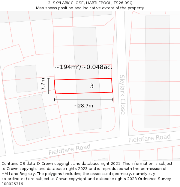 3, SKYLARK CLOSE, HARTLEPOOL, TS26 0SQ: Plot and title map