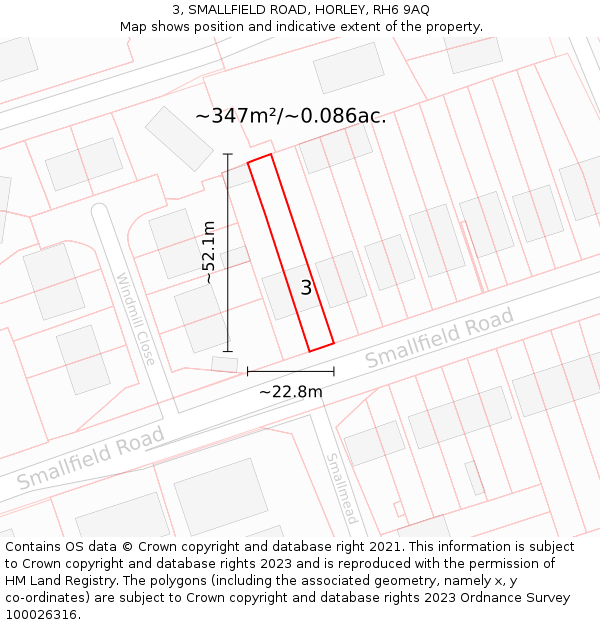 3, SMALLFIELD ROAD, HORLEY, RH6 9AQ: Plot and title map