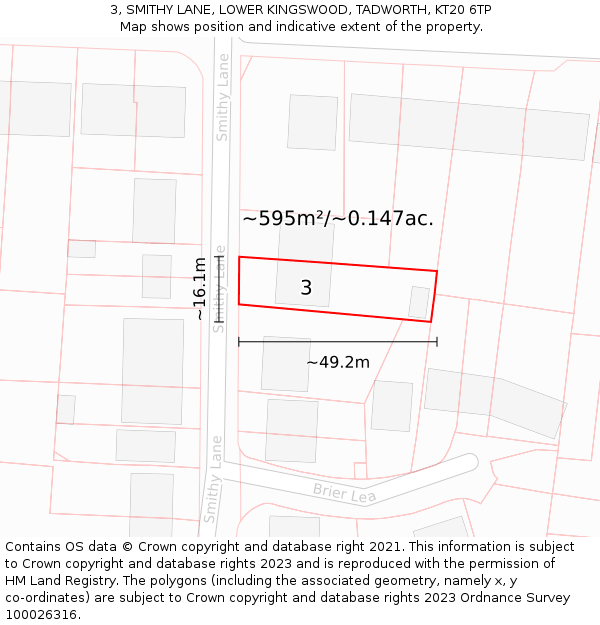 3, SMITHY LANE, LOWER KINGSWOOD, TADWORTH, KT20 6TP: Plot and title map