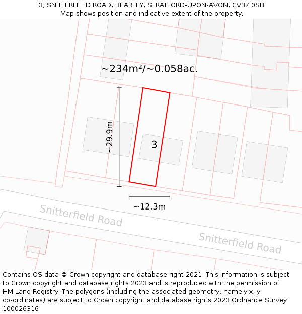 3, SNITTERFIELD ROAD, BEARLEY, STRATFORD-UPON-AVON, CV37 0SB: Plot and title map