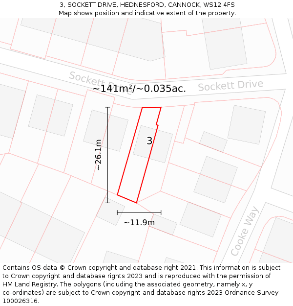 3, SOCKETT DRIVE, HEDNESFORD, CANNOCK, WS12 4FS: Plot and title map