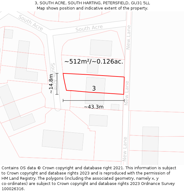 3, SOUTH ACRE, SOUTH HARTING, PETERSFIELD, GU31 5LL: Plot and title map