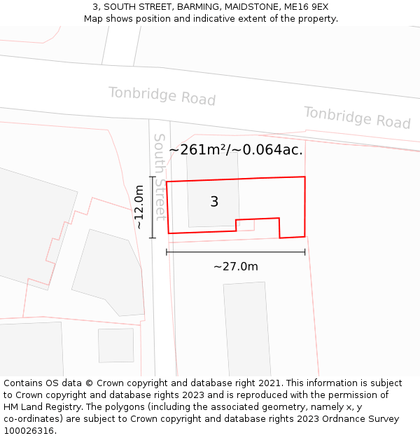 3, SOUTH STREET, BARMING, MAIDSTONE, ME16 9EX: Plot and title map