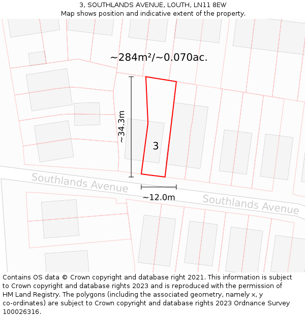 3, SOUTHLANDS AVENUE, LOUTH, LN11 8EW: Plot and title map