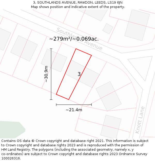 3, SOUTHLANDS AVENUE, RAWDON, LEEDS, LS19 6JN: Plot and title map