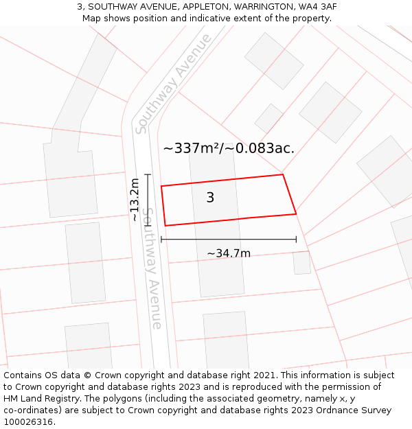 3, SOUTHWAY AVENUE, APPLETON, WARRINGTON, WA4 3AF: Plot and title map