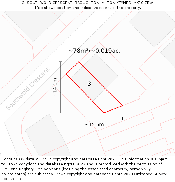 3, SOUTHWOLD CRESCENT, BROUGHTON, MILTON KEYNES, MK10 7BW: Plot and title map