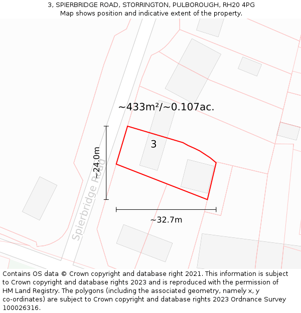 3, SPIERBRIDGE ROAD, STORRINGTON, PULBOROUGH, RH20 4PG: Plot and title map