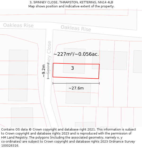 3, SPINNEY CLOSE, THRAPSTON, KETTERING, NN14 4LB: Plot and title map