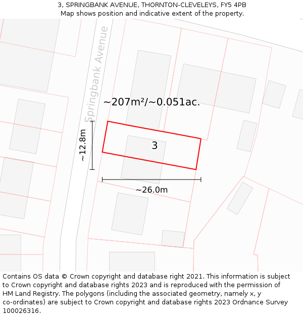 3, SPRINGBANK AVENUE, THORNTON-CLEVELEYS, FY5 4PB: Plot and title map