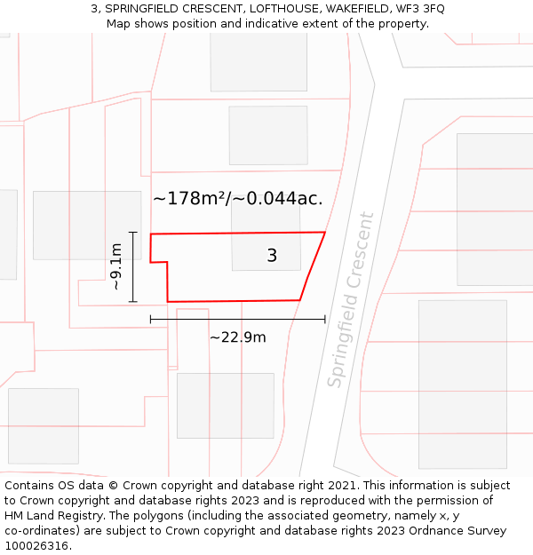 3, SPRINGFIELD CRESCENT, LOFTHOUSE, WAKEFIELD, WF3 3FQ: Plot and title map