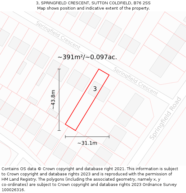 3, SPRINGFIELD CRESCENT, SUTTON COLDFIELD, B76 2SS: Plot and title map