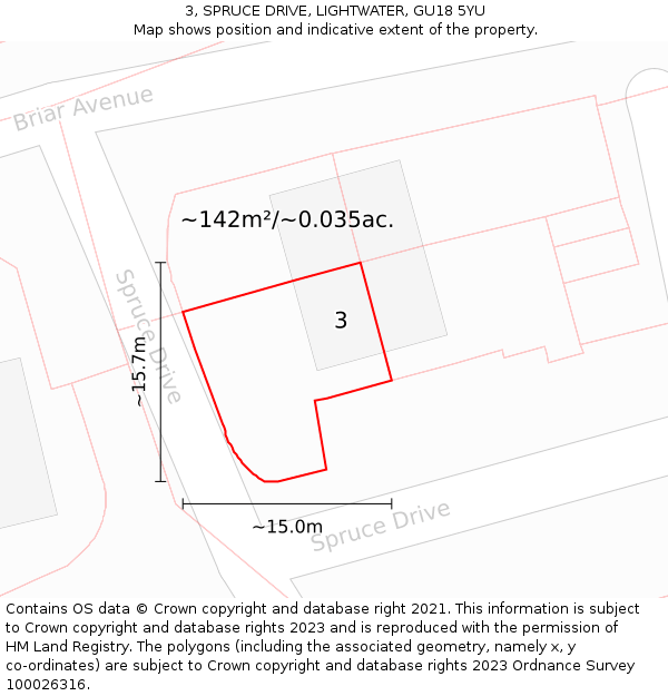 3, SPRUCE DRIVE, LIGHTWATER, GU18 5YU: Plot and title map