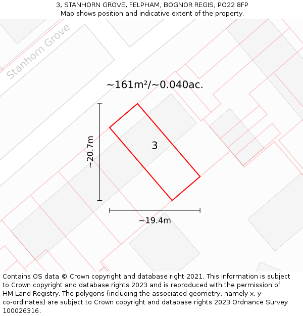 3, STANHORN GROVE, FELPHAM, BOGNOR REGIS, PO22 8FP: Plot and title map