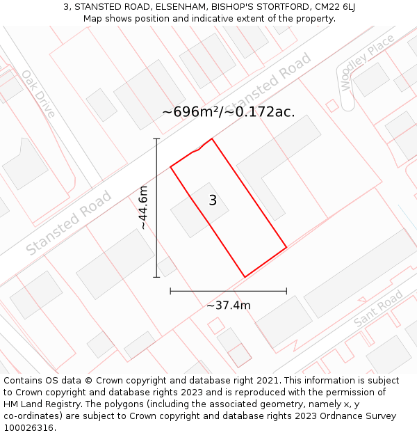 3, STANSTED ROAD, ELSENHAM, BISHOP'S STORTFORD, CM22 6LJ: Plot and title map