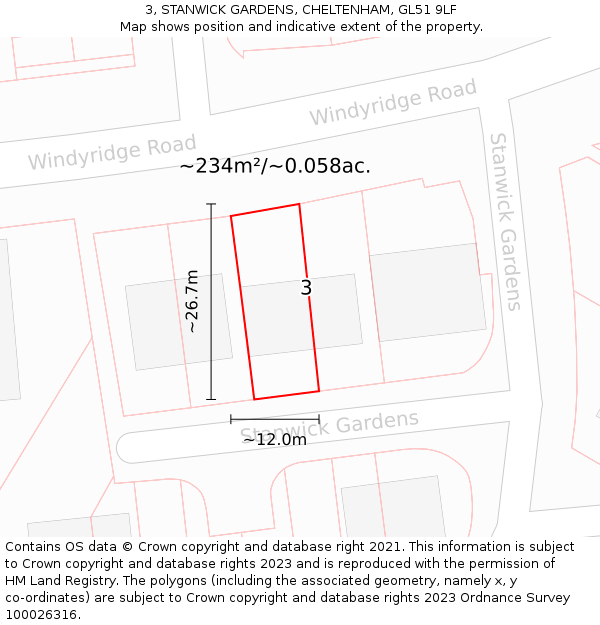 3, STANWICK GARDENS, CHELTENHAM, GL51 9LF: Plot and title map