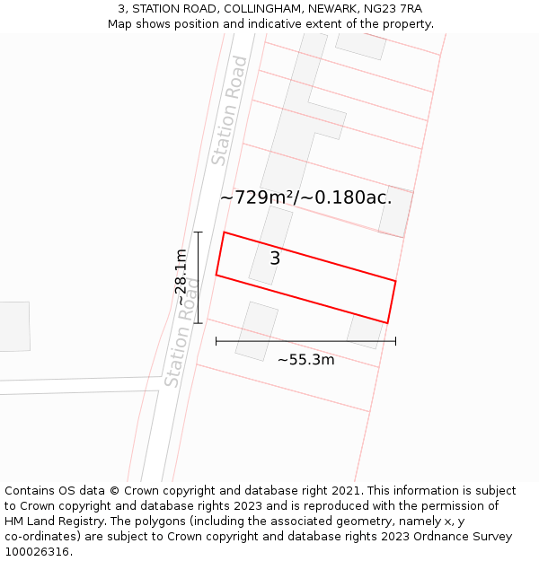 3, STATION ROAD, COLLINGHAM, NEWARK, NG23 7RA: Plot and title map