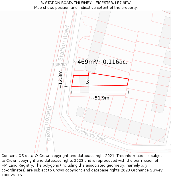 3, STATION ROAD, THURNBY, LEICESTER, LE7 9PW: Plot and title map