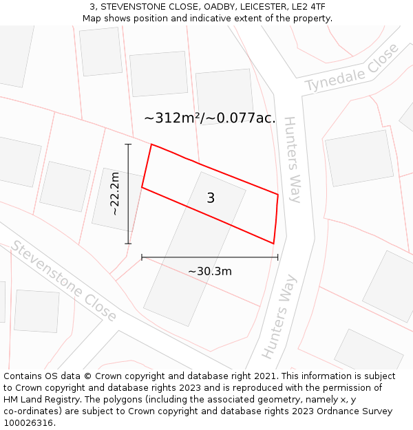 3, STEVENSTONE CLOSE, OADBY, LEICESTER, LE2 4TF: Plot and title map