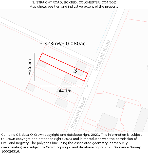 3, STRAIGHT ROAD, BOXTED, COLCHESTER, CO4 5QZ: Plot and title map