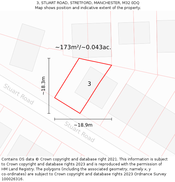 3, STUART ROAD, STRETFORD, MANCHESTER, M32 0DQ: Plot and title map