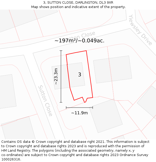 3, SUTTON CLOSE, DARLINGTON, DL3 9XR: Plot and title map