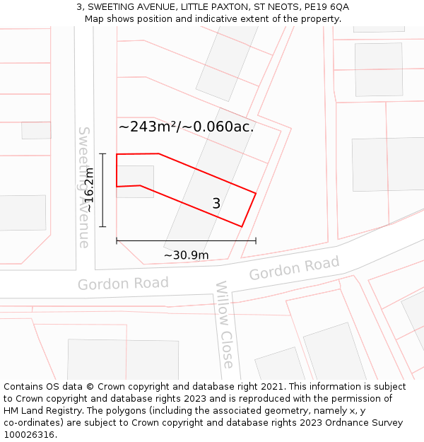 3, SWEETING AVENUE, LITTLE PAXTON, ST NEOTS, PE19 6QA: Plot and title map