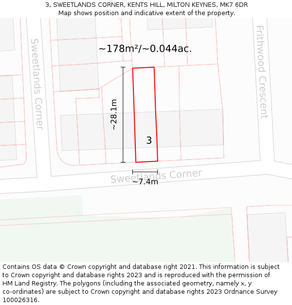 3, SWEETLANDS CORNER, KENTS HILL, MILTON KEYNES, MK7 6DR: Plot and title map