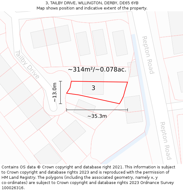 3, TAILBY DRIVE, WILLINGTON, DERBY, DE65 6YB: Plot and title map