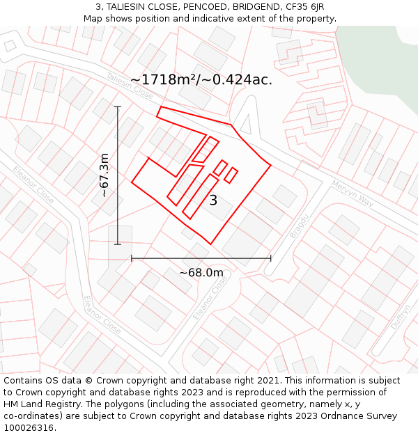 3, TALIESIN CLOSE, PENCOED, BRIDGEND, CF35 6JR: Plot and title map