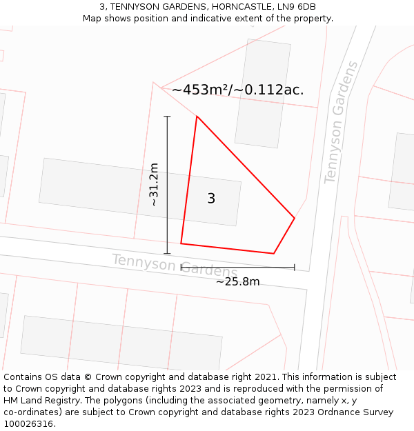 3, TENNYSON GARDENS, HORNCASTLE, LN9 6DB: Plot and title map