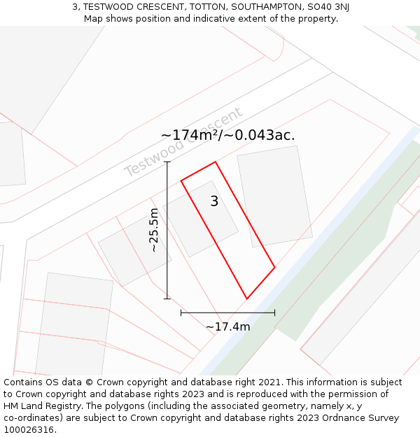 3, TESTWOOD CRESCENT, TOTTON, SOUTHAMPTON, SO40 3NJ: Plot and title map