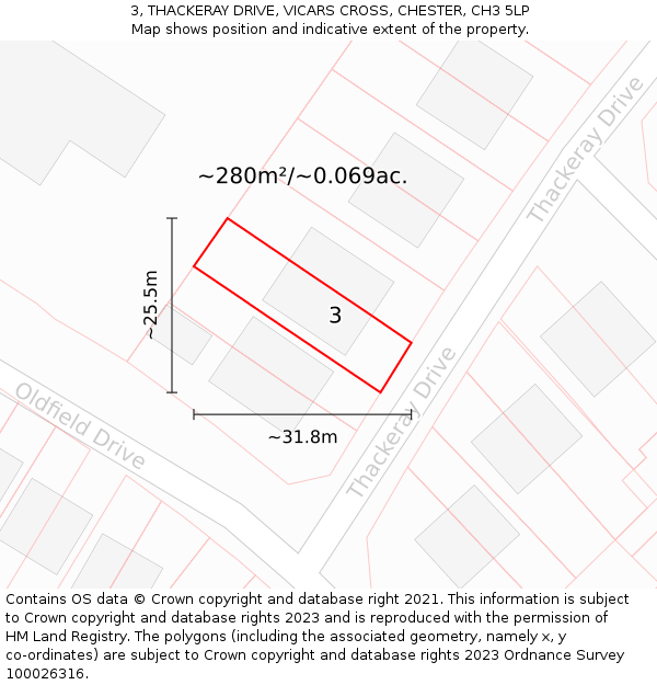 3, THACKERAY DRIVE, VICARS CROSS, CHESTER, CH3 5LP: Plot and title map