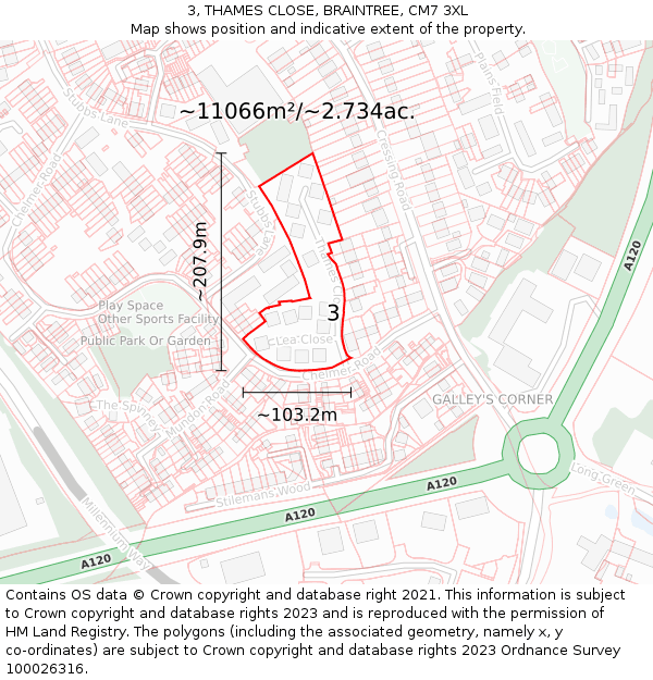 3, THAMES CLOSE, BRAINTREE, CM7 3XL: Plot and title map