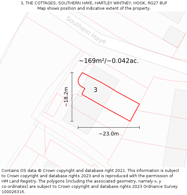3, THE COTTAGES, SOUTHERN HAYE, HARTLEY WINTNEY, HOOK, RG27 8UF: Plot and title map