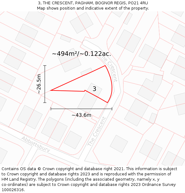 3, THE CRESCENT, PAGHAM, BOGNOR REGIS, PO21 4RU: Plot and title map