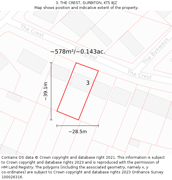 3, THE CREST, SURBITON, KT5 8JZ: Plot and title map