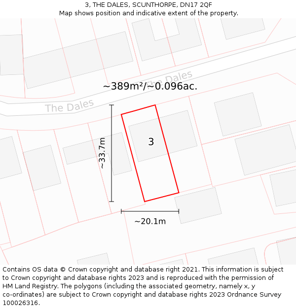 3, THE DALES, SCUNTHORPE, DN17 2QF: Plot and title map